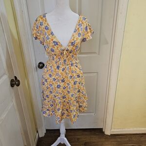 Arizona Jean Company Yellow Floral Tie-Front Mini Dress with Blue Accents